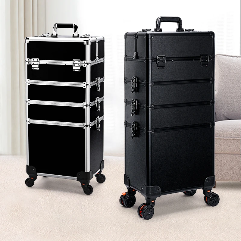 4 in 1 Aluminum Rolling Makeup Case On Wheels Cosmetic Storage Organizer Travel Train Case Divider With Labor-Saving Wheel