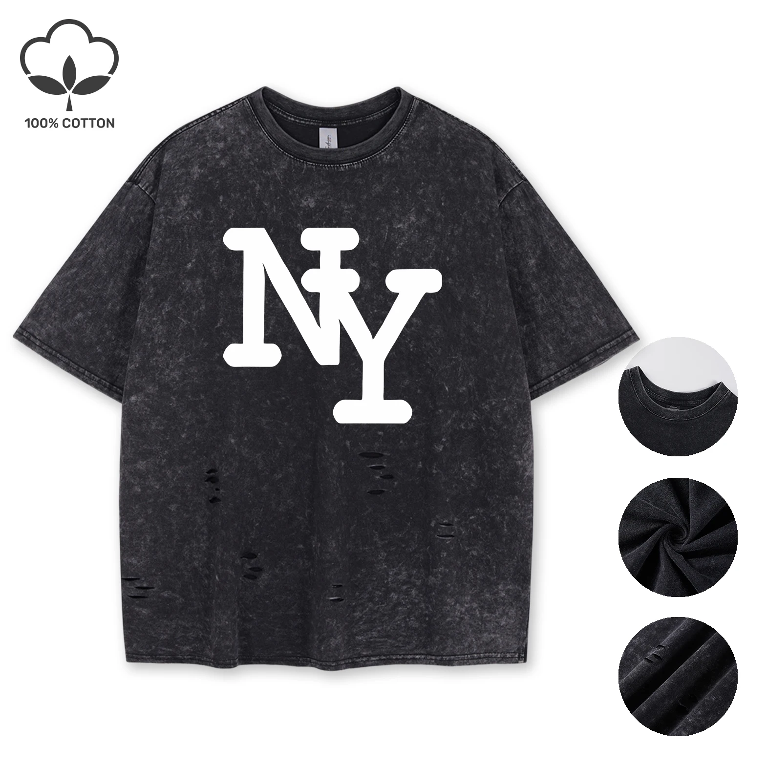 

Ny City Prints Retro Women Holes Tee Shirt Wash Casual Cotton T-Shirt Breathable Sportwear O-Neck Comfortable Unisex Top