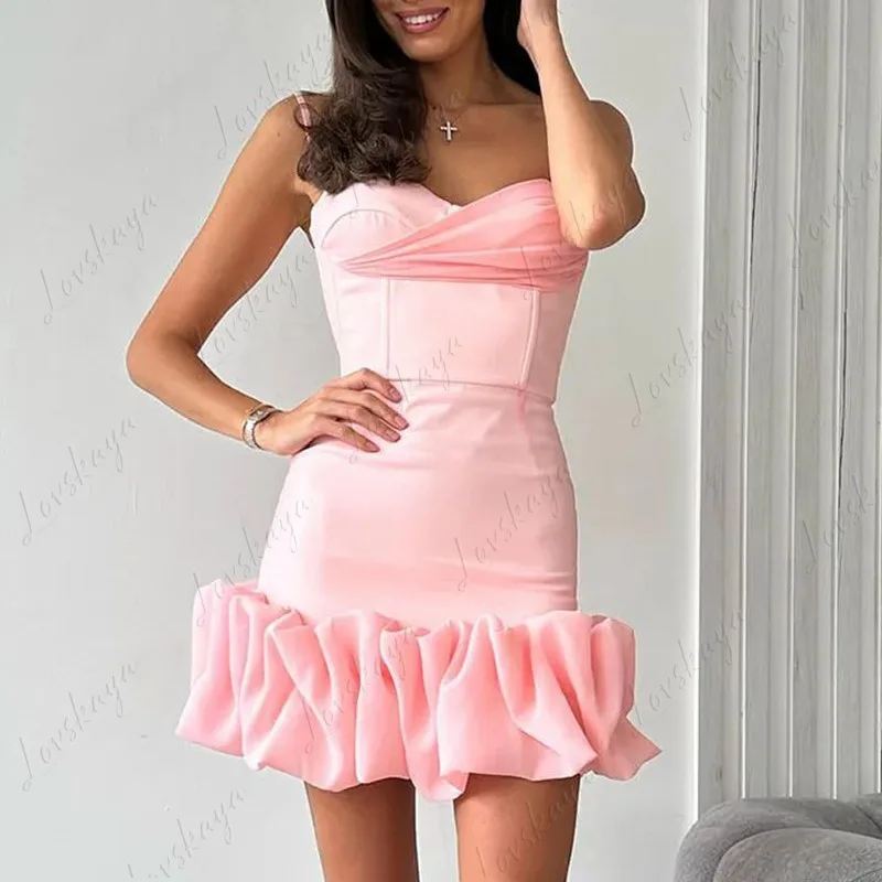 Summer Women Spaghetti Strap Dress Ruched Hem Bodycon Elegant Mini Party Evening Dress
