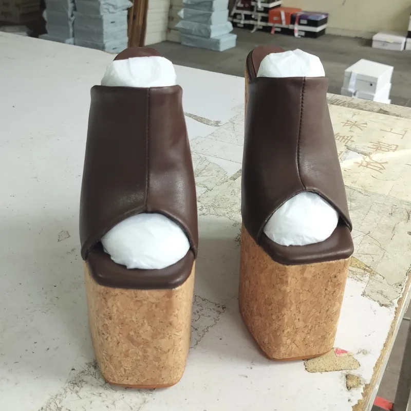DIZHUANG Fashionable Women's High-Heeled Slippers. Customized Shoes. Brown Genuine Leather Slippers. 18cm Heel Height. Size: 36