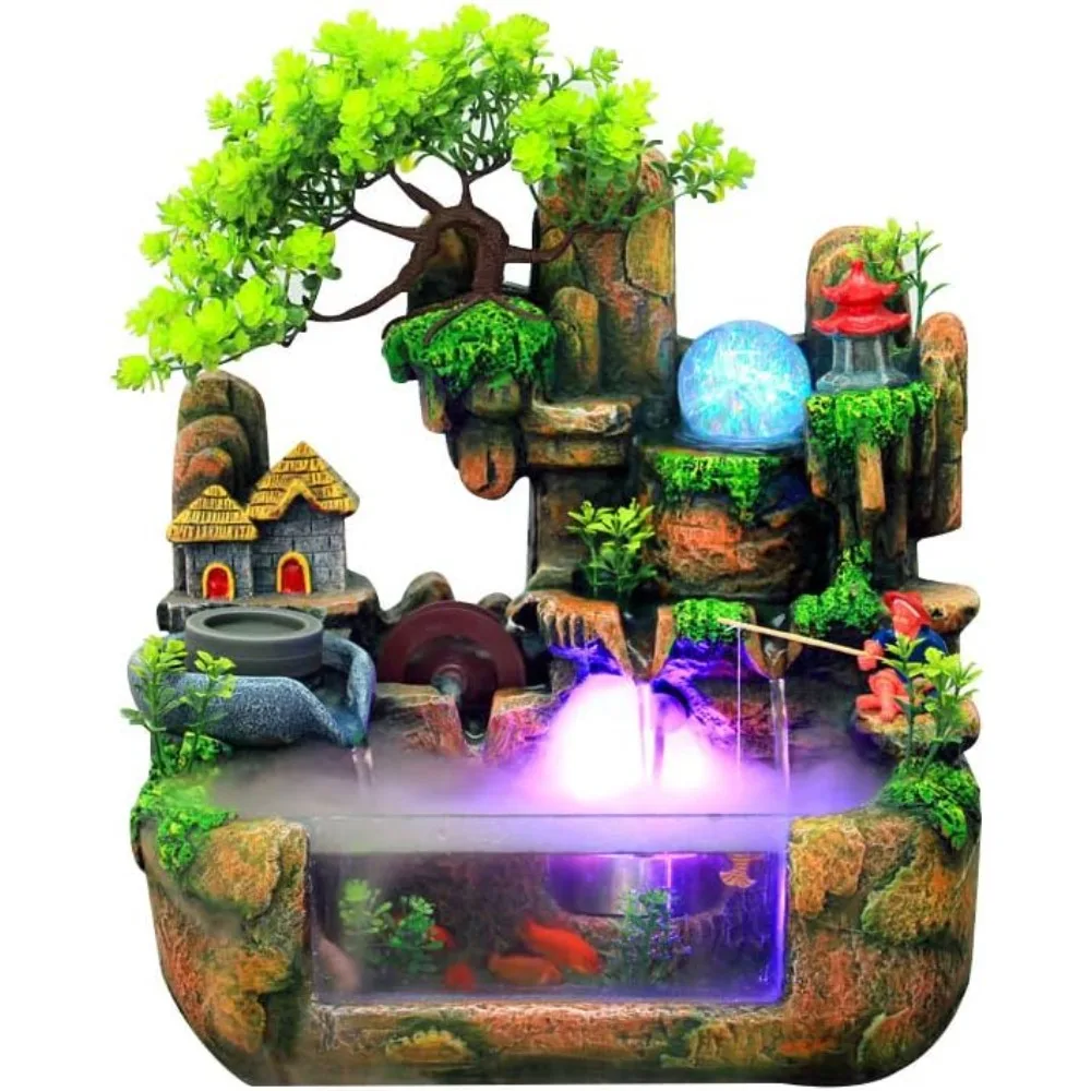 Indoor Relaxation Desktop Fountain Waterfall with Rockery, Aquariums, Plant, Atomizing Humidifier, Perfect for Office, Home, Bed