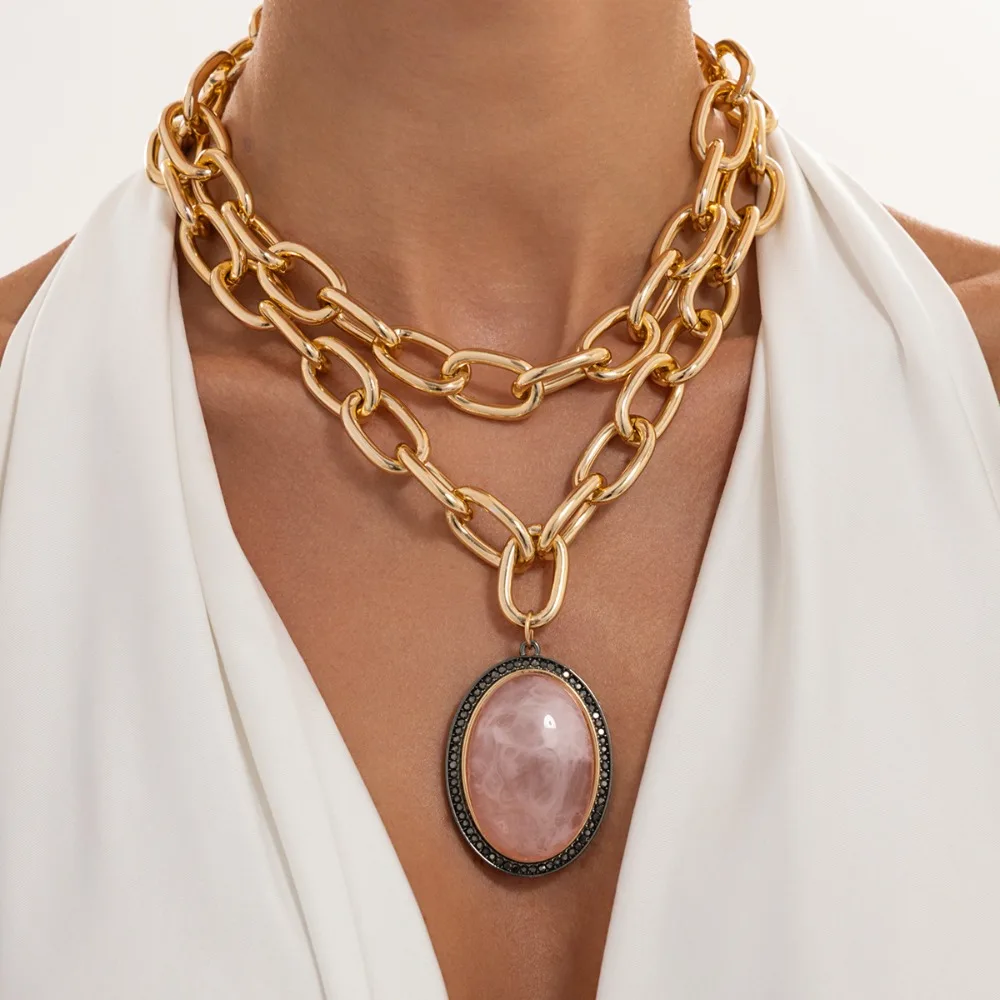 2pcs Set Exaggerated Punk Oval Imitation Rose Quartz Rhinestone Frame Pendant Chunky Paperclip Chain Necklace for Women Jewelry