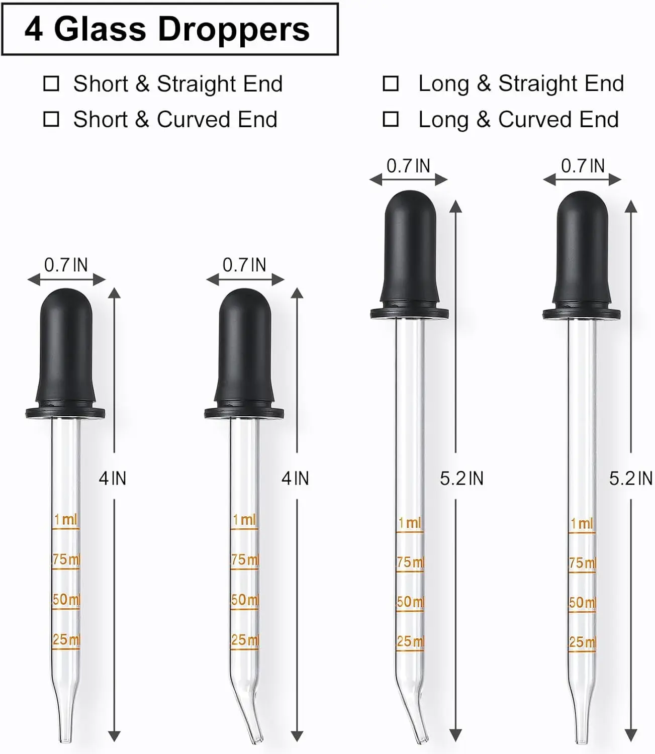 4PCS 1mL Glass Eye Dropper with Measurement Pipettes Dropper with Black Rubber Head Straight-Tip Calibrated Thick Glass Medicine