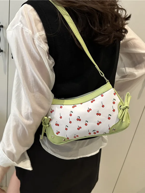 2025 New Fashion Cherry Print Versatile Casual Lightweight Square Bag Single Shoulder Bag Underarm Bag for Young Adults