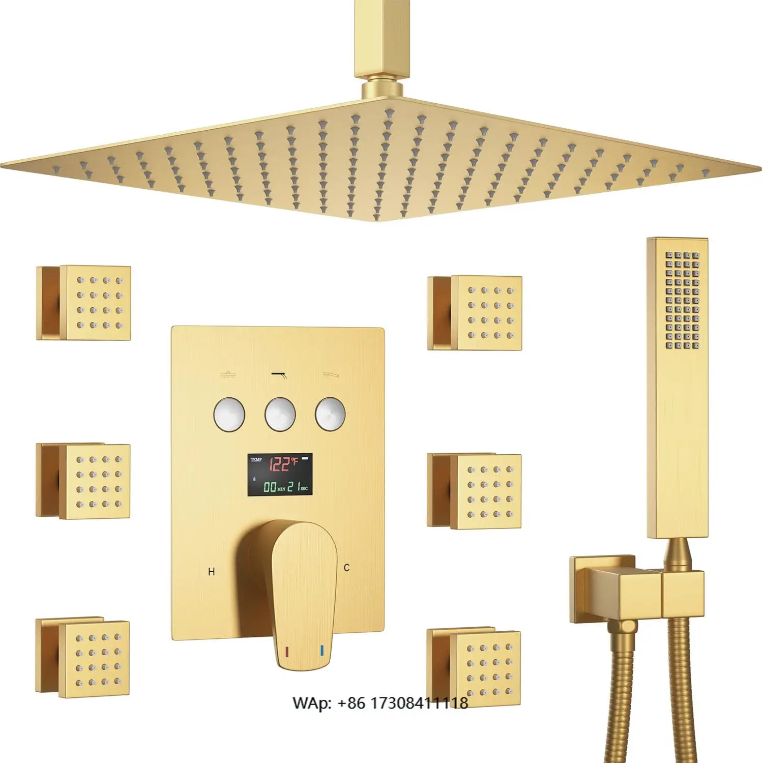 

Modern Brushed Brass Bathroom Rainfall Shower Faucet Set with Rectangle Shower Head Wall Mount Installation