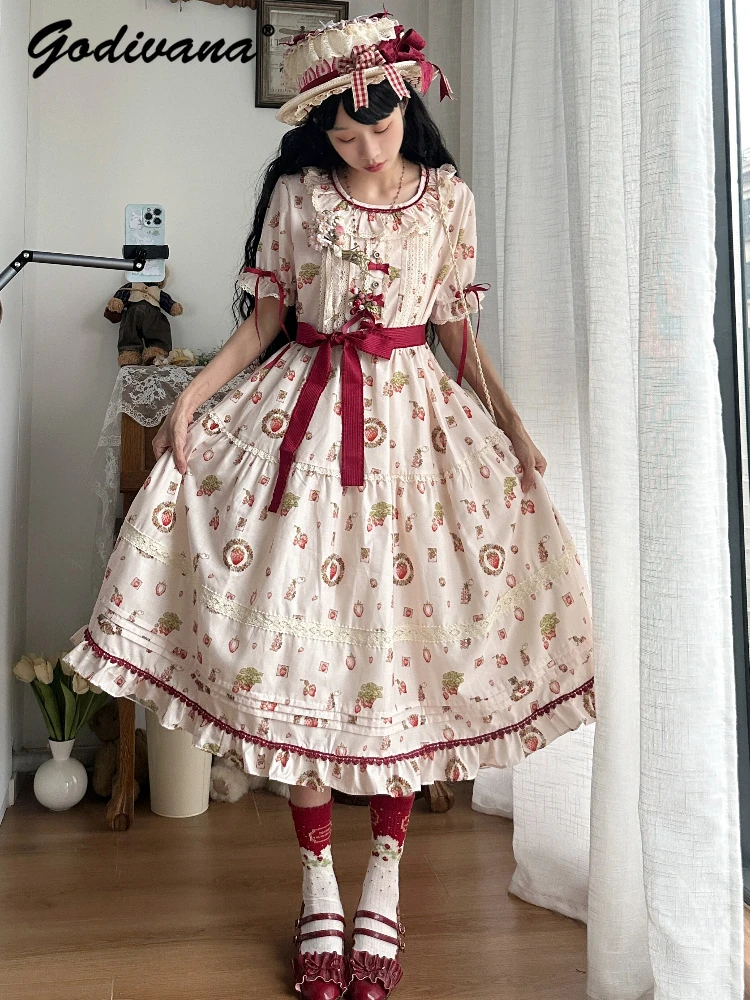 

New Sweet Cute Strawberry Lolita Girls Spring Summer Short Sleeve Op Dress Women's Bow Long Dresses