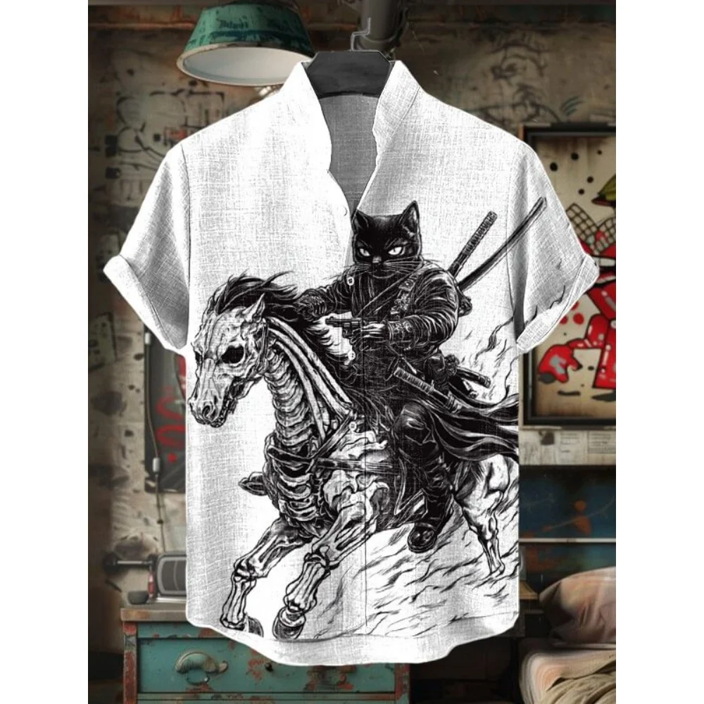 Engraçado gato preto katana samurai arte japonesa impressão 3d camisas casuais verão das mulheres dos homens blusa de manga curta praia havaiana topo