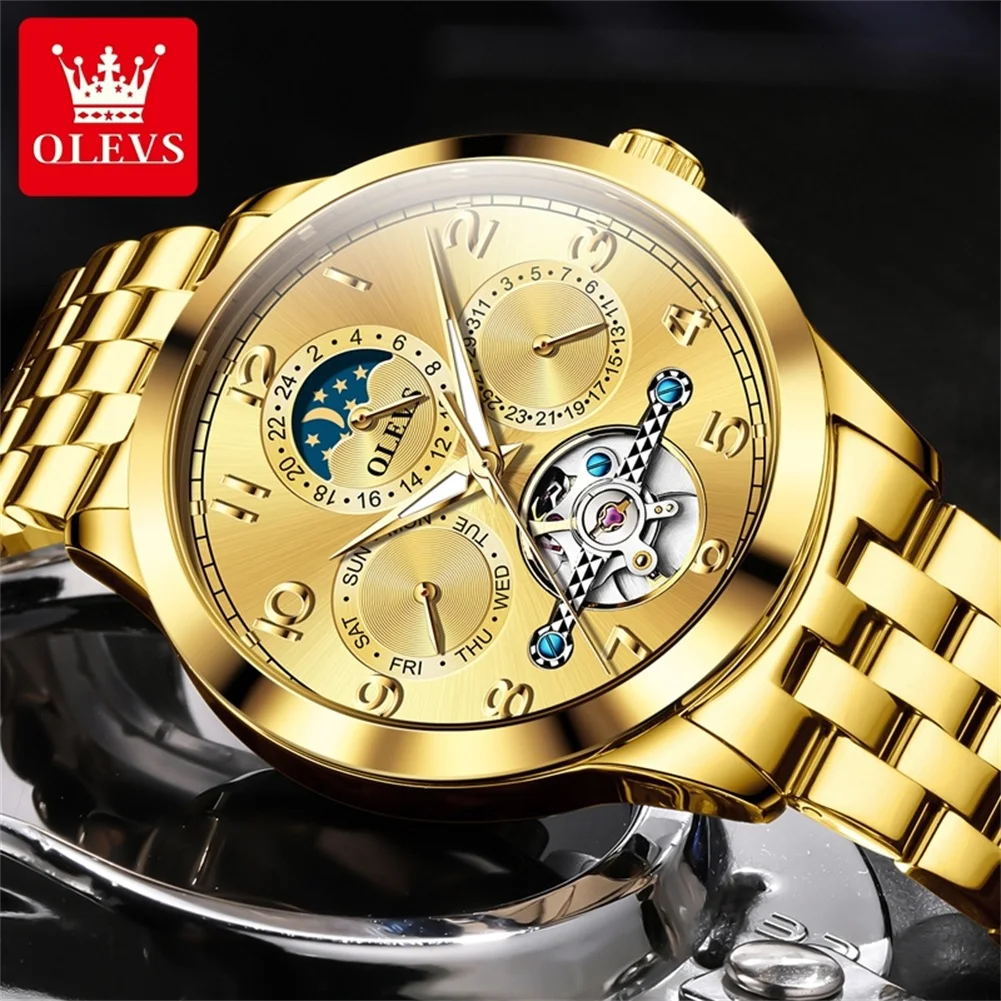 OLEVS 7018 Full Gold Watch for Men Multi-function Automatic Mechanical Watch for Man Original Brand