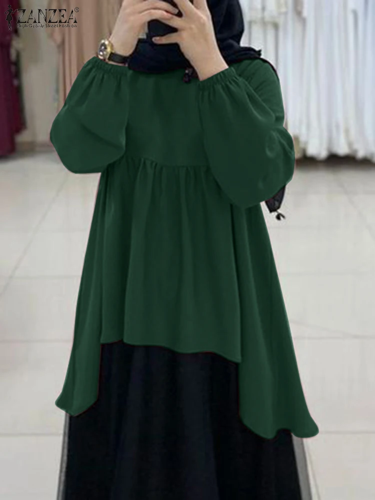 

ZANZEA Muslim Women Blouse Vintage Long Sleeve Asymmetrical Hem Shirt Dubai Hijab Shirt Ramadan Turkey Abaya Islamic Clothing