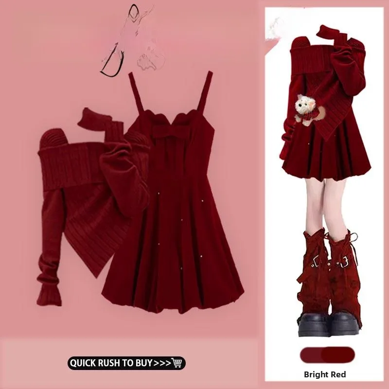 

Retro Red One-Shoulder Knitted Sweater Women's Set with Strap Dress Autumn New Style High-End Feel Long Sleeve Student Uniform
