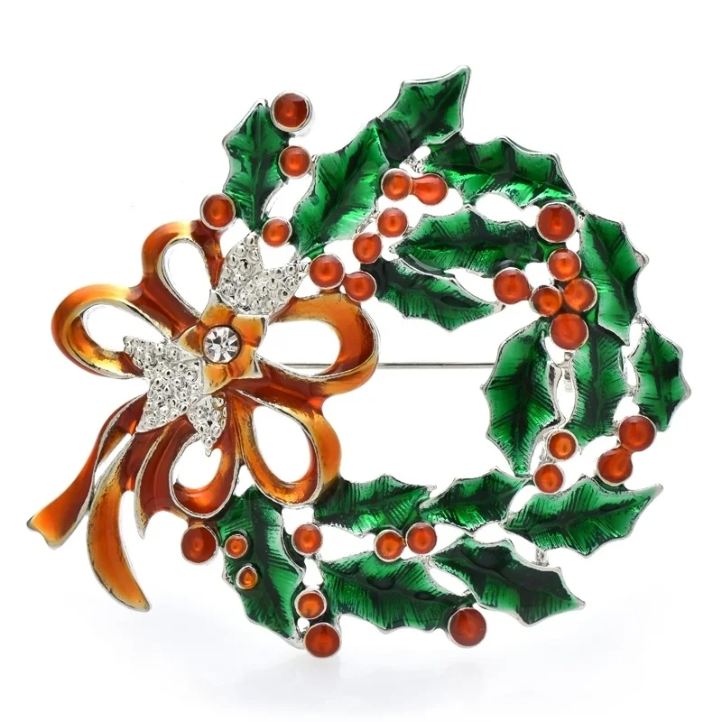 Wuli&baby Christmas Wreath Brooches Enamel Rhinestone Beauty New Year Garland Flower Party Brooch Pin Gifts