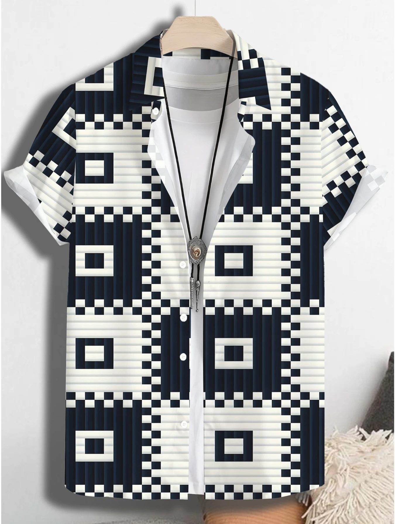 2026 Summer Men's High Quality Hawaiian Shirt Checkered Printed Short Sleeve Summer Casual Beach Holiday Style Large T-shirt