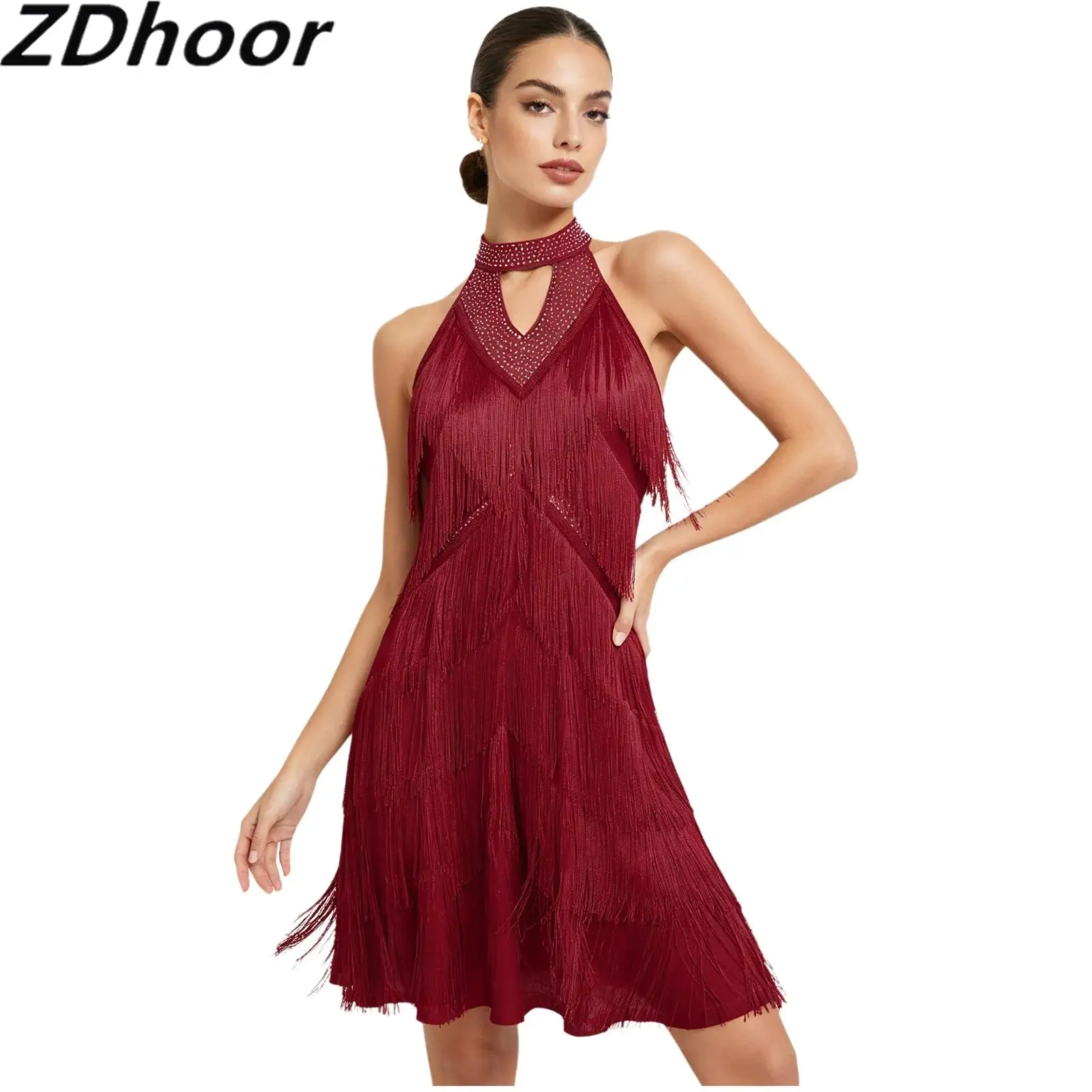 

Women Latin Tango Dance Dress Rhinestones Tiered Tassel Backless Halter Front Keyhole Fringed Dress Flamenco Samba Ballroom