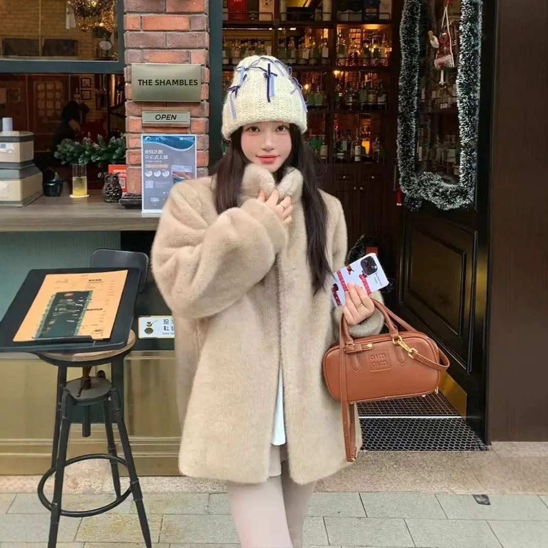 

Women's Fur Coat Spring Autumn Winter Thickened Long Sleeve Stand Collar Street Style Medium Length Loose Fit Plush Outerwear