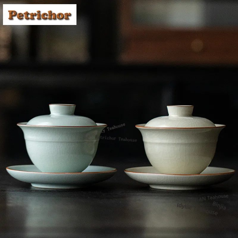 

140ml Ru Kiln Azure Gaiwan Antique Tea Tureen Household Tea Bowl With Lid Kit Tea Maker Cover Bowl Tableware Supplies Craft Gift