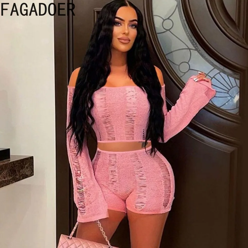 FAGADOER Sexy Knitting Hollow Out Shorts Two Piece Sets Women Off Shoulder Crop Top And Shorts Outfits Female Solid 2pcs Suits