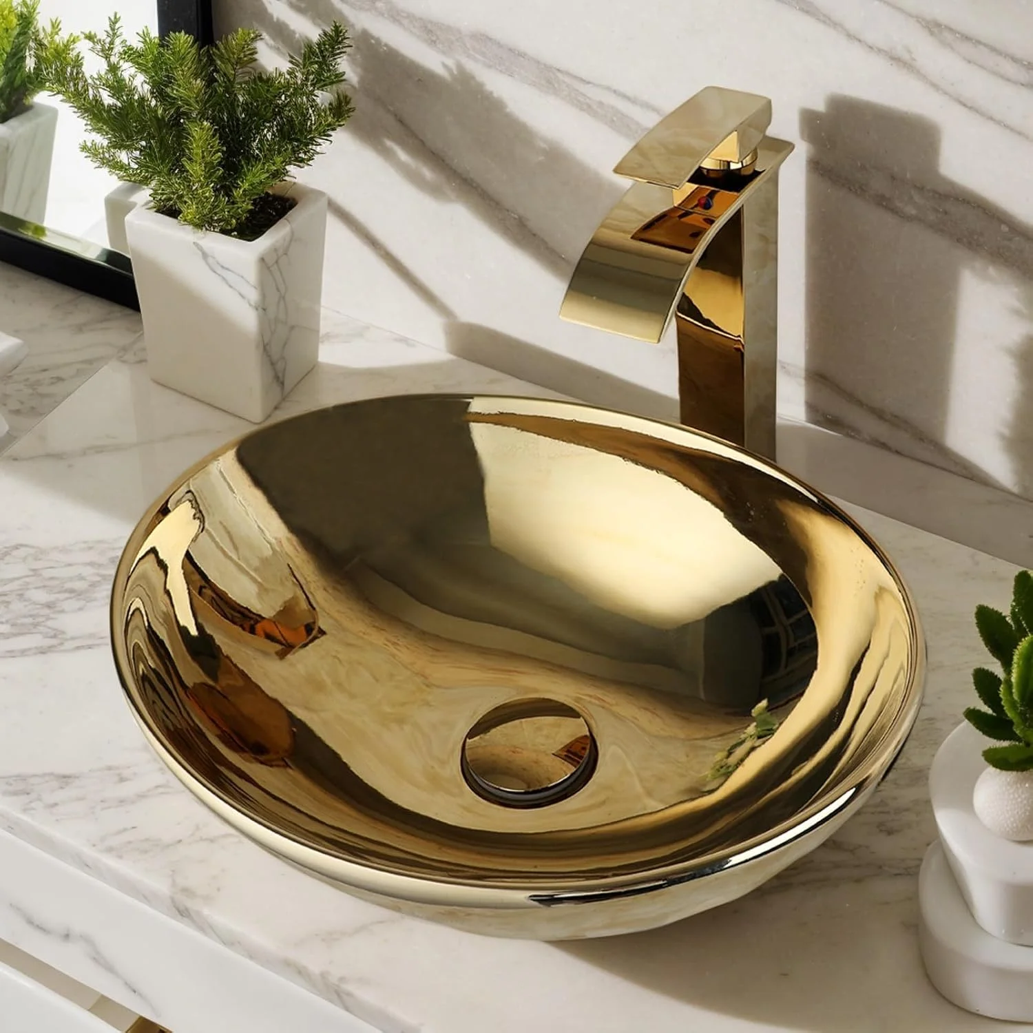 KEMAIDI Bathroom Vessel Sink Luxury Shiny Gold Ceramic Vanity Bowl Round Above Counter Basin for Bar and Cloakroom w/ Faucet Tap view 2