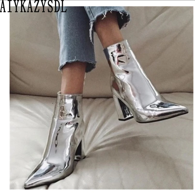 

AIYKAZYSDL 2023 New Metallic Patent Leather Ankle Boots Woman Chunky Block Thick High Heels Pointed Toe Chelsea Botas De Mujer