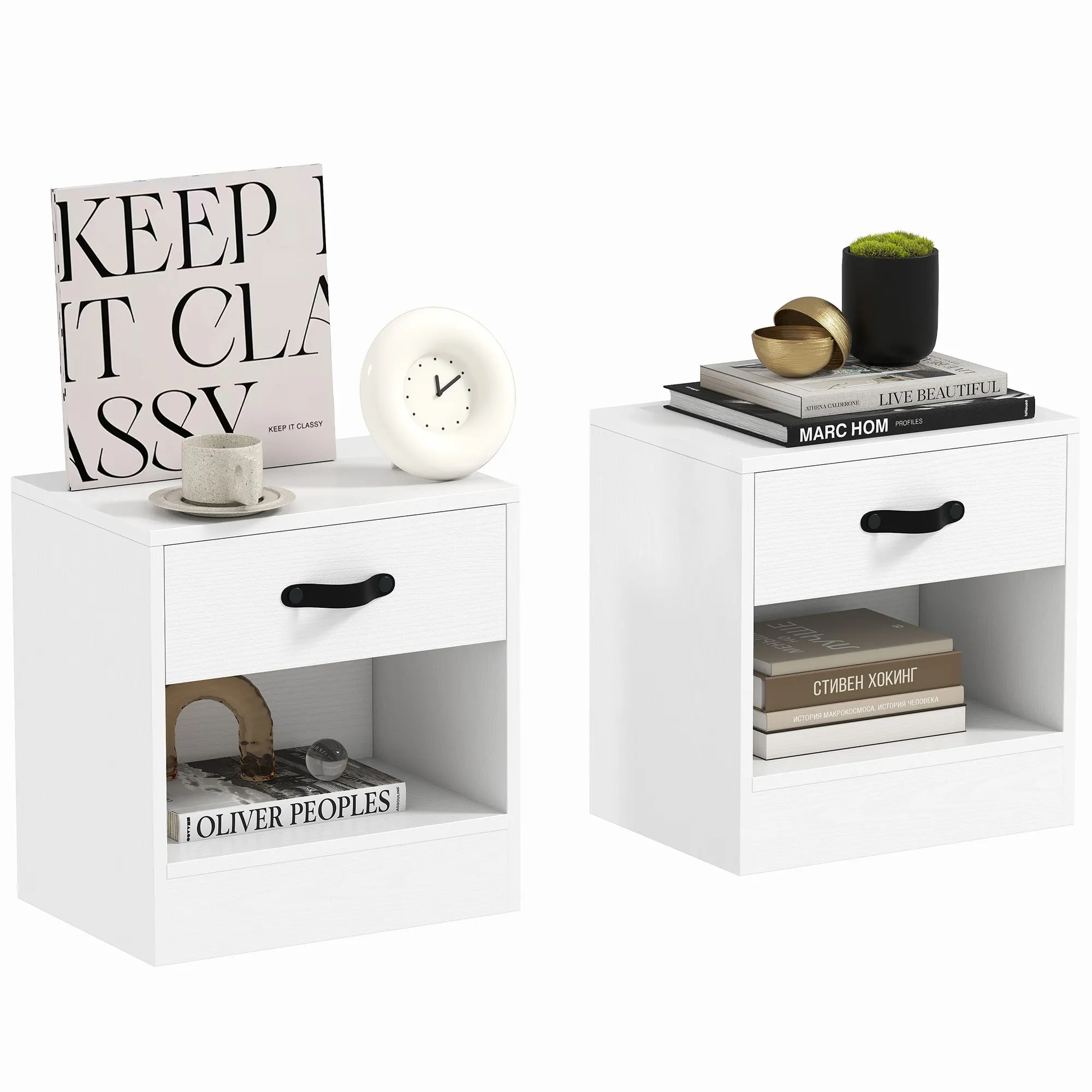 HOMCOM Pack de 2 Mesitas de Noche Mesillas de Noche Dormitorio Estrechas con Cajón y Compartimento Abierto para Salón 39x28x41 cm Blanco