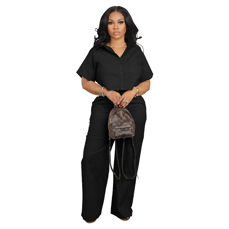

Women Summer Linen Two Piece Set Short Sleeve Shirt with Sport Pants Comfortable Office Commute Outfit