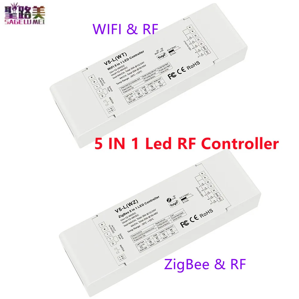 V5-L(WT)WiFi / V5-L(WZ)ZigBee 5 in1 Controller LED DC12-48V Input 5Channel Output Tuya App 2.4G RF Push Dim per luci di striscia a Led