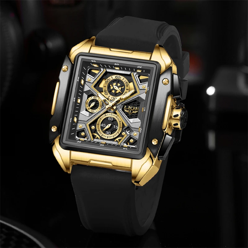 LIGE Top Brand Luxury Men Military Watch Business Square Watch Men Casual Sport Quartz Chronograph Clock Male Waterproof Watches