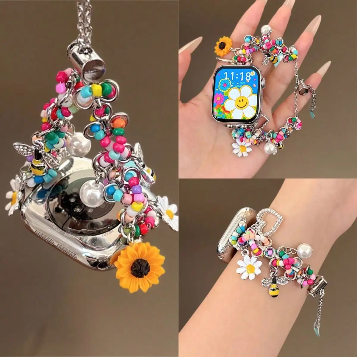 1pc New Fashion Colorful Beaded Sunflower & Bee Watch Band Compatible With Apple Watch 40mm 44mm 38mm 41mm 42mm (S10)42mm 45mm (S10 46)Mm 49mm, Cute Dopamine Jewelry Watch Band For Apple Watch Series 11 Ultra 3 SE3 Ultra 2 S10 SE2 9 8 7 SE 6 5 4 3 2, Than
