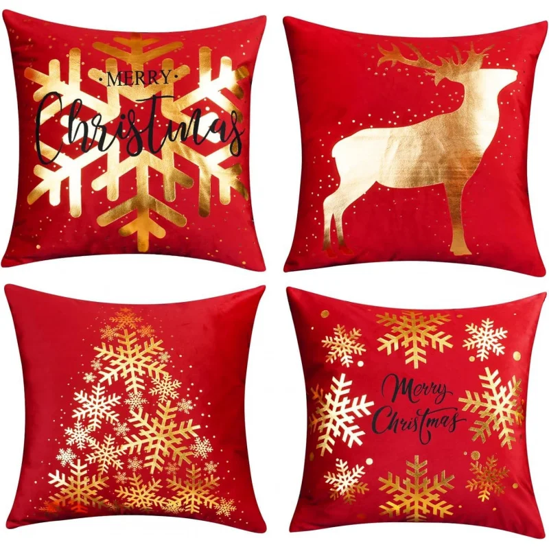 

Christmas Throw Pillow Covers Set of 4 Snowflakes Reindeer Decorative Cushion Cases Xmas Golden Decor for Couch Sofa Bedroom