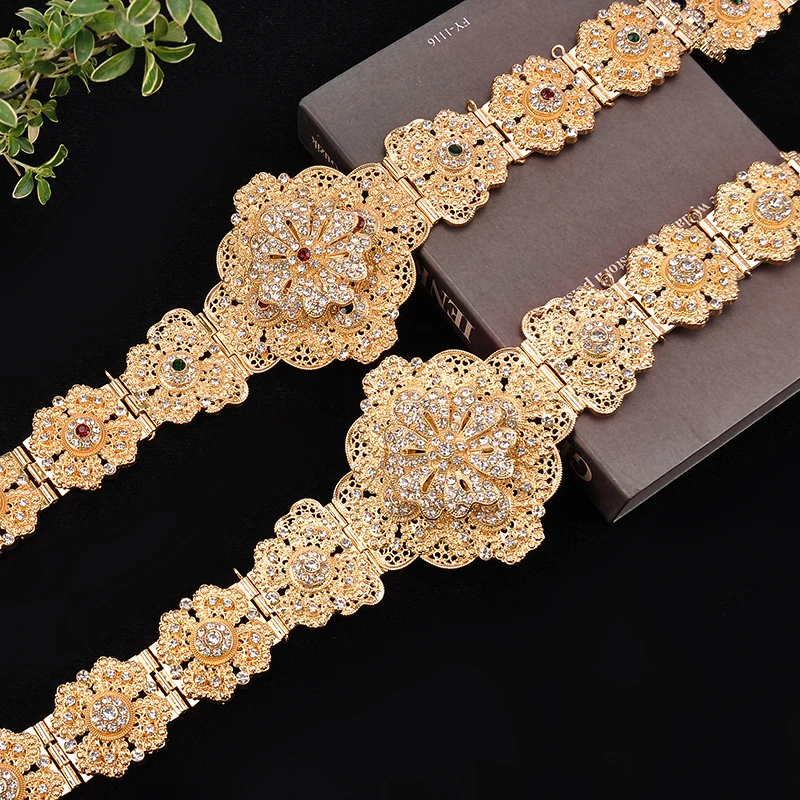 Morocco Trendy Gold Plated Caftan Wedding Belt Full Rhinestone Long Chain Crystal Bridal Belt Arabic Luxury Wedding Accessories