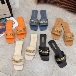 New Chain Women Slippers Summer Flat Outdoor Luxury Square Toe Design Sandals Women Slides New Korean Trend Plus Size 35-42