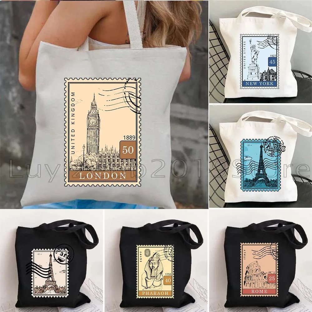 

London New York Paris Pharaoh Egypt Rome Italy Postages Stamps Art Cute Canvas Tote Bag Shopper Shoulder Casual Cotton Handbag