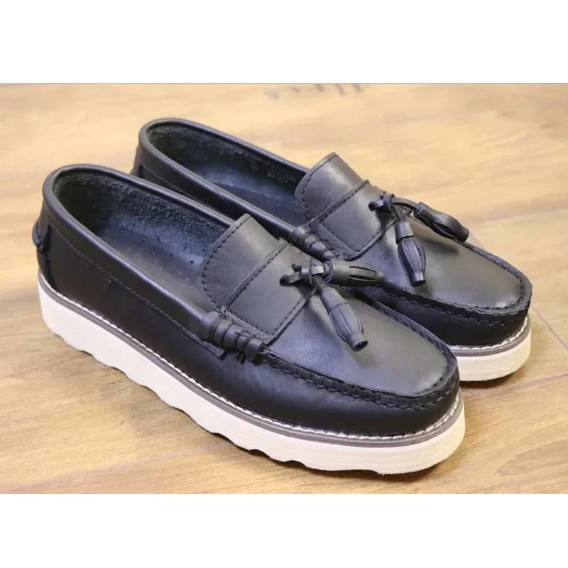 Men’s Comfort Fashion Luxury Genuine Leahter Moccasin Boat Shoes Thick Heel Women Casual Loafers Driving Shoes Slip On Fringe