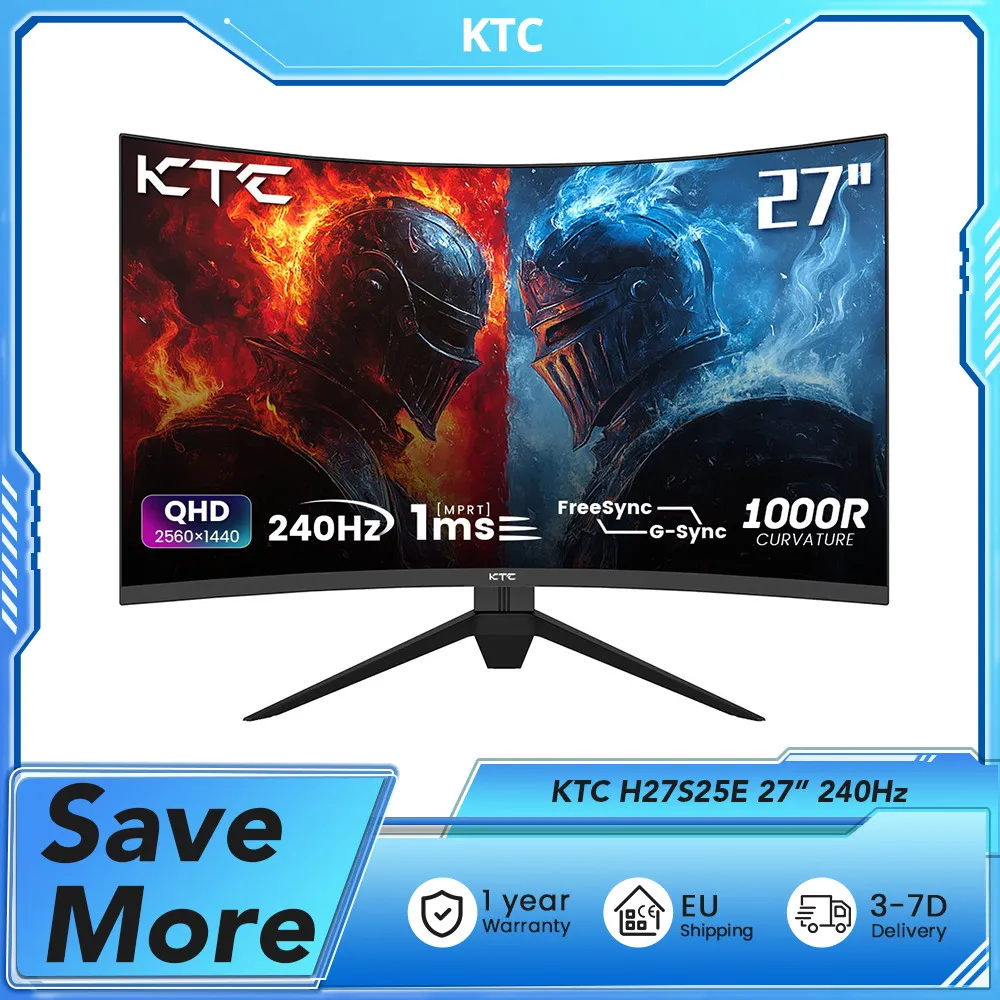 KTC H27S25E Gaming Monitor, 27 inch 2560*1440 QHD CSOT HVA Screen, 1000R Curvature, 240Hz Refresh Rate, 1ms MPRT Response Time