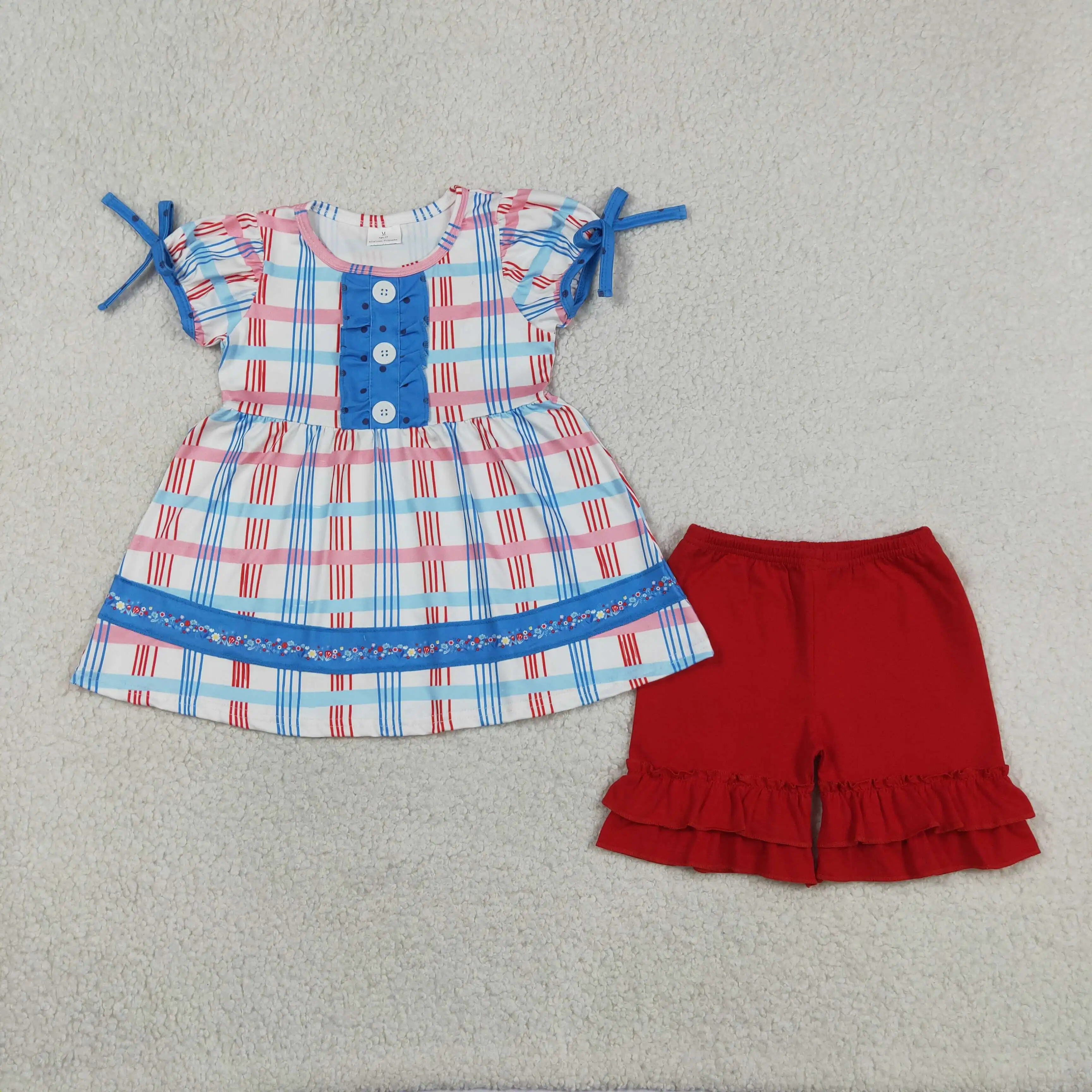 Wholesale Toddler 4th of July Clothes Baby Girl Short Sleeves Plaid Floral Bows Tunic Red Shorts Outfit Kids Children Set