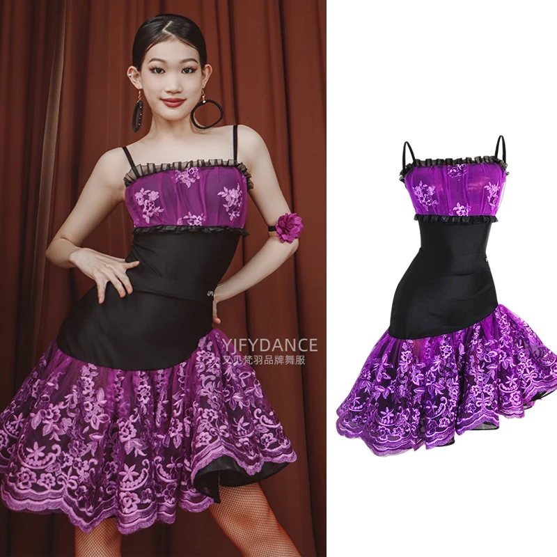 

Latin Dance Dress For Women Purple Embroidered Lace Fishbone Skirt Suit National Standard Dance Latin Performance Dress DN16519