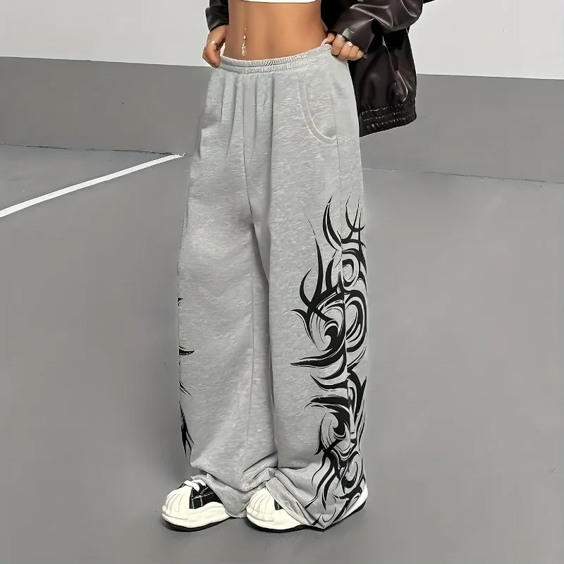 بنطال نسائي واسع الساق بطبعة جرافيتي ريترو - نمط كاجوال فضفاض مع جيوب نمط جديد لخريف وشتاء