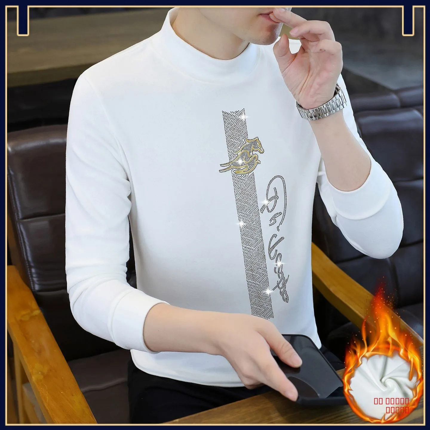 

Men's Thiened White Autumn T-irt Fce Lined Brued Print f High Collar Thermal Underwear for Winter Warmth