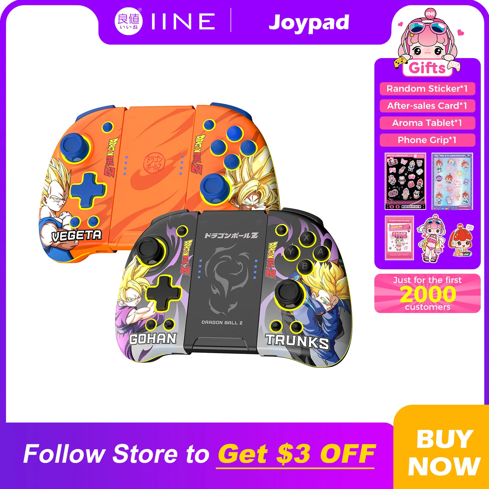 IINE Cartoon Design Neptune Joypad With Charging Grip Auto-Fire ALPS Joystick Mechanics Button Compatible Nintendo Swtich/OLED