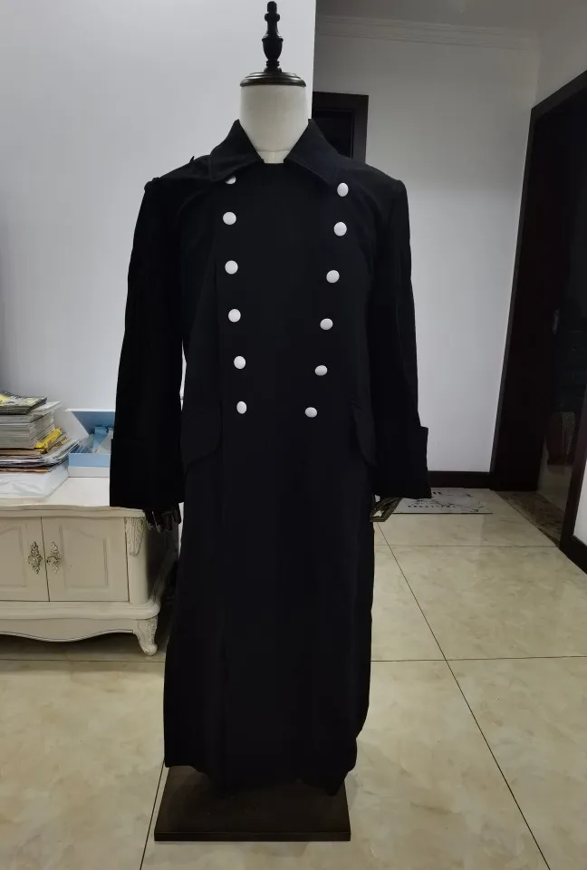 Sobretudo militar longo de lã preta, Casaco Vintage grosso, Inverno