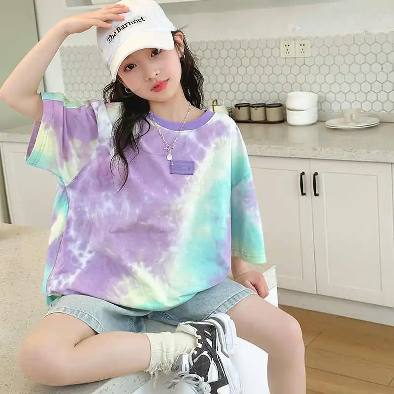 

Детская футболка с принтом тай-дай для девочек, с коротким рукавом, летняя одежда, Новое поступление 2025, детская летняя футболка с коротким рукавом