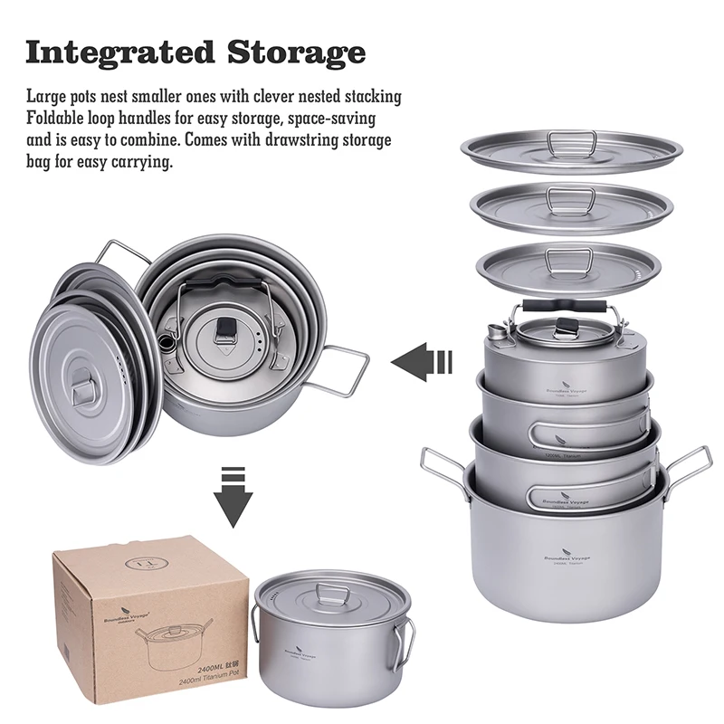 Boundless Voyage 1,2 l 1,8 l 2,4 l Titan-Topf 0,7 l Camping-Wasserkocher Kochgeschirr Outdoor tragbares stapelbares ultraleichtes Koch-Mess-Set – Detail 5