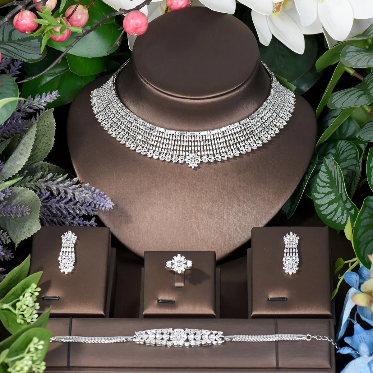 HIBRIDE Top Quality White Gold Color Cubic Zirconia Bridal Jewelry Set Wedding Necklace And Earring Sets Party Accessorie N-292