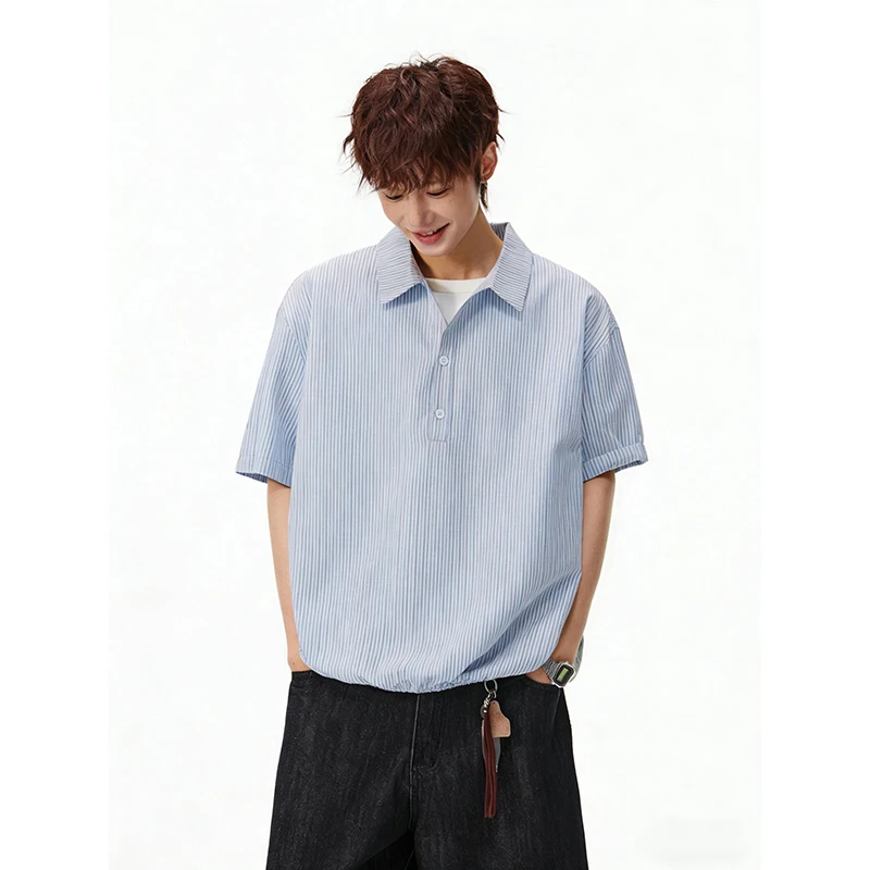 2026 Summer Men's Vertical Stripes Short-Sleeved Casual Shirt with Collar and Casual T-Shirt for Men and Women in the Same Style