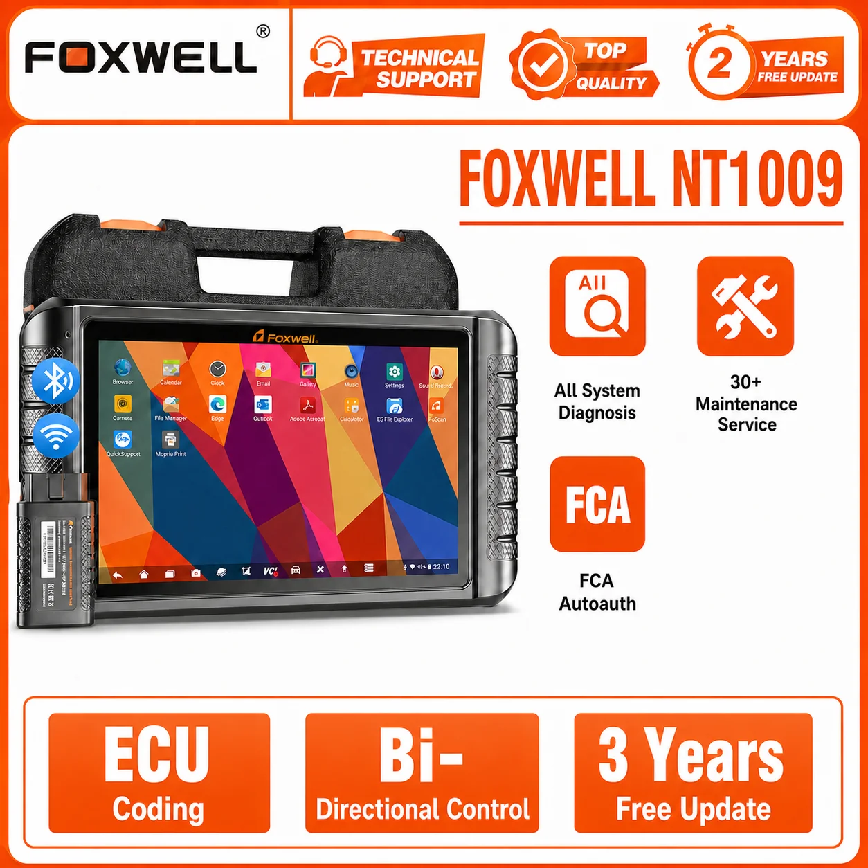 FOXWELL NT1009 Bidirektionales Diagnose-OBD2-Scanner-Tool für ABS-Entlüftung, EPB, DPF-Regeneration, Batterieregistrierung, BRT, TBA, SAS-Kalibrierung, CVT-Getriebeprogrammierung,