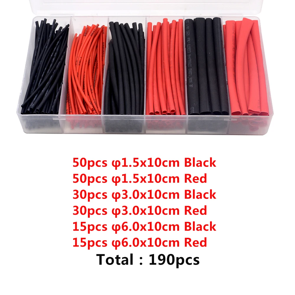 190pcs/lot 3 Sizes Flame-retardant Boxed Heat Shrink Tubing Kit  Black Red