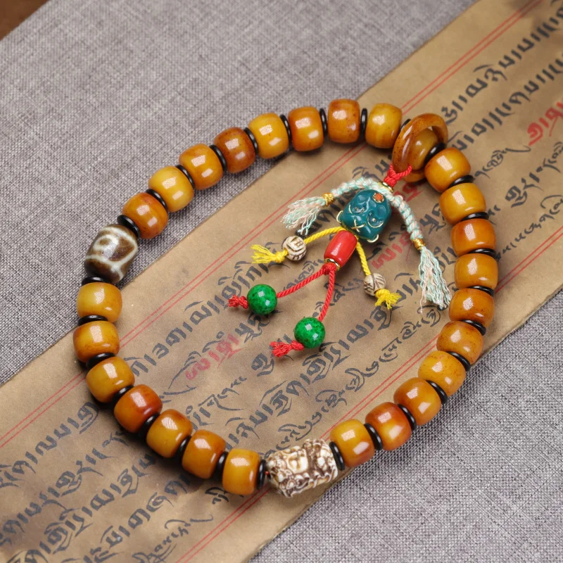 

Натуральные старые костяные бусины, ручные молитвенные бусины, браслет в тибетском стиле, старый воск, цвет кости с бусиной Дзи