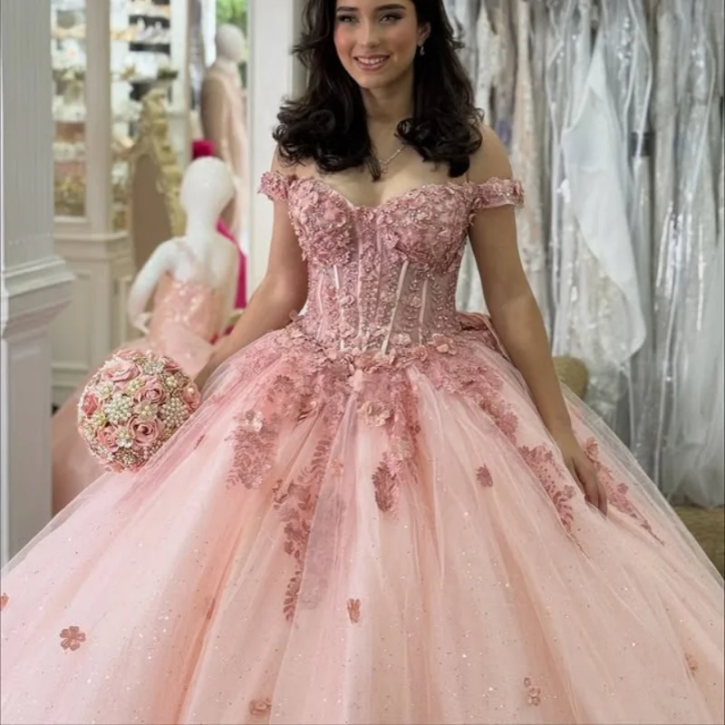 

Light pink Quinceanera Dress off-shoulder crystal Lace 3D flower decal Long tail Bow vestidos de 15 Quinceanera ﻿Customize