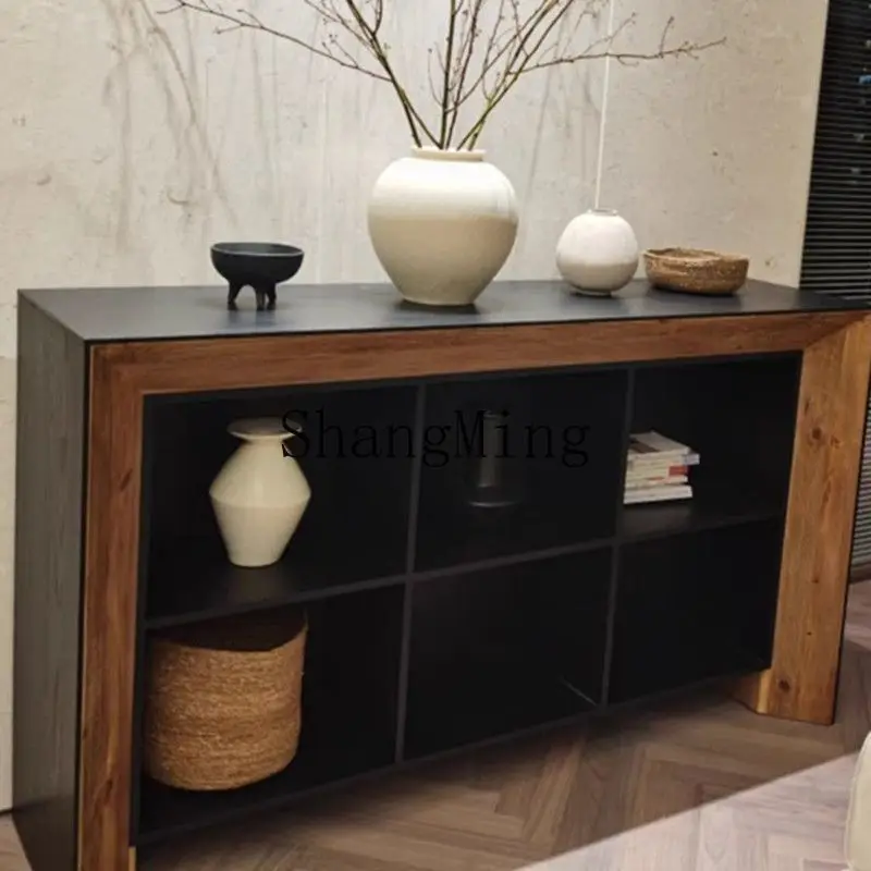 

FG black solid wood dining side cabinet retro and old storage cabinet living room decoration entrance fireplace cabinet