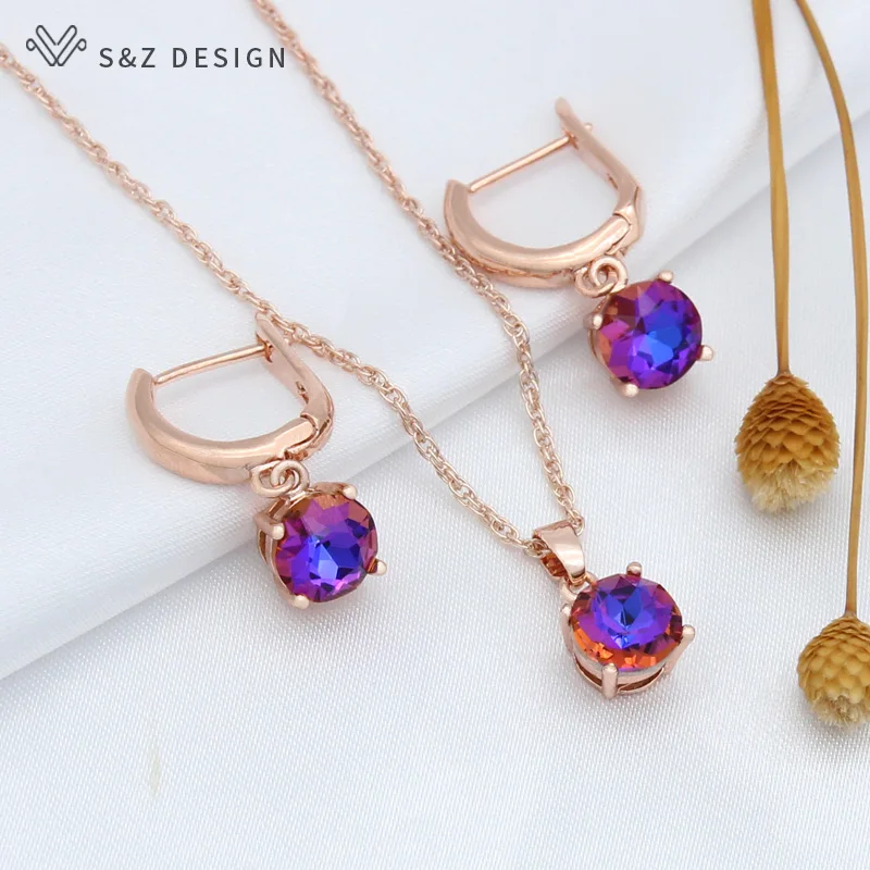 S&Z DESIGN New Fashion 585 Rose Gold Color Round Crystal Dangle Earrings Jewelry Sets For Women Wedding Pendant Necklace