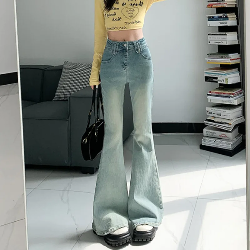 #2406 Light Blue Flare Jeans Women Vintage Denim Long Jeans Female Slim Bell Bottom Jeans Korean Style High Waisted